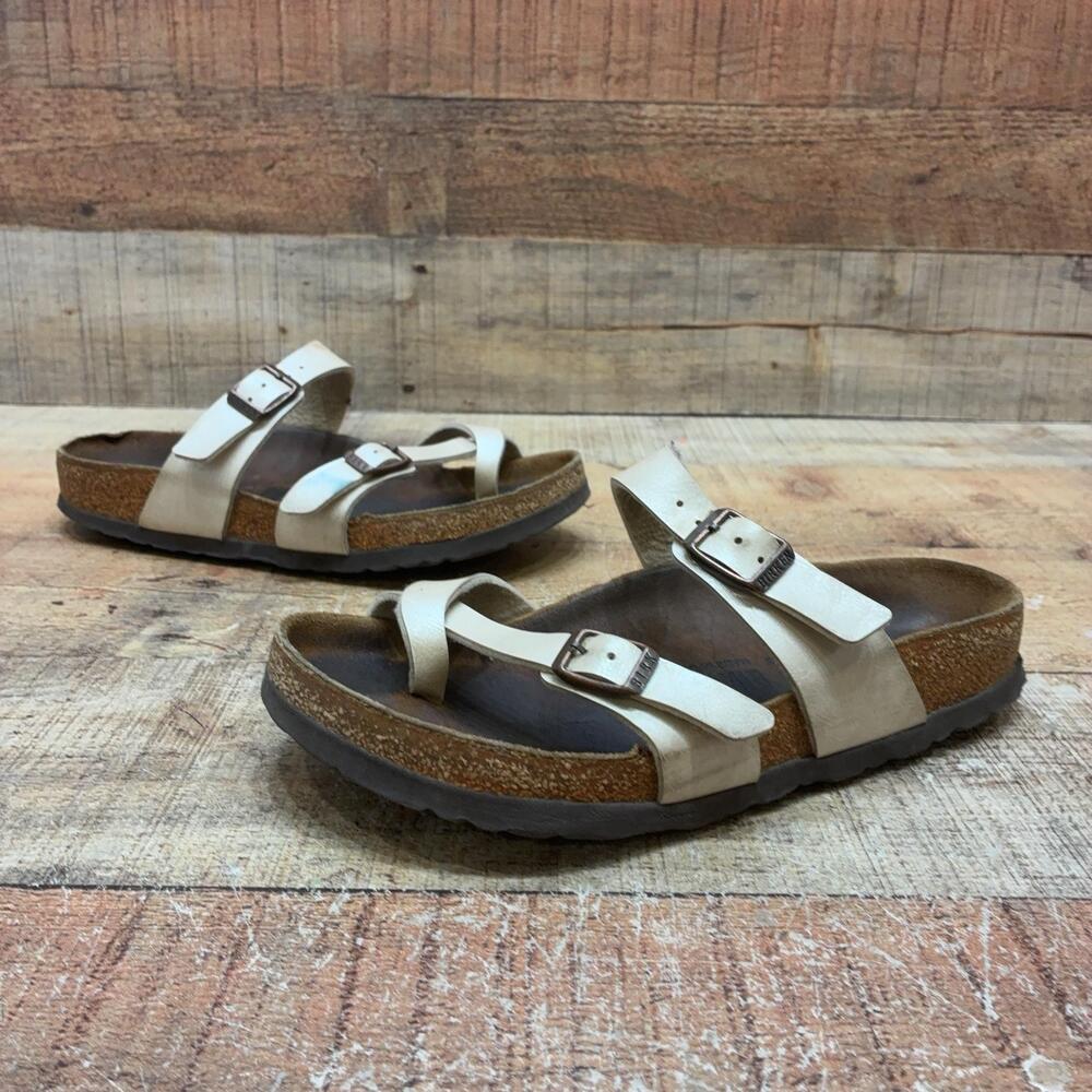 Birkenstock Mayari Sandals Womens Size 5 36 Beige Leather Strappy Cork Shoes